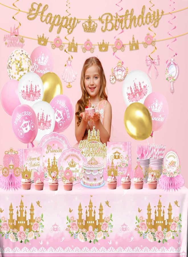 Peghoqu 196Pcs Princess Birthday Party Decorations Serves 24,Pink Princess Birthday Themed Tableware Includes Scalloped Plates,Napkins,Tablecloth,Banner,Balloon,Cake Topper for Girls Princess Party Supplies - Image 2